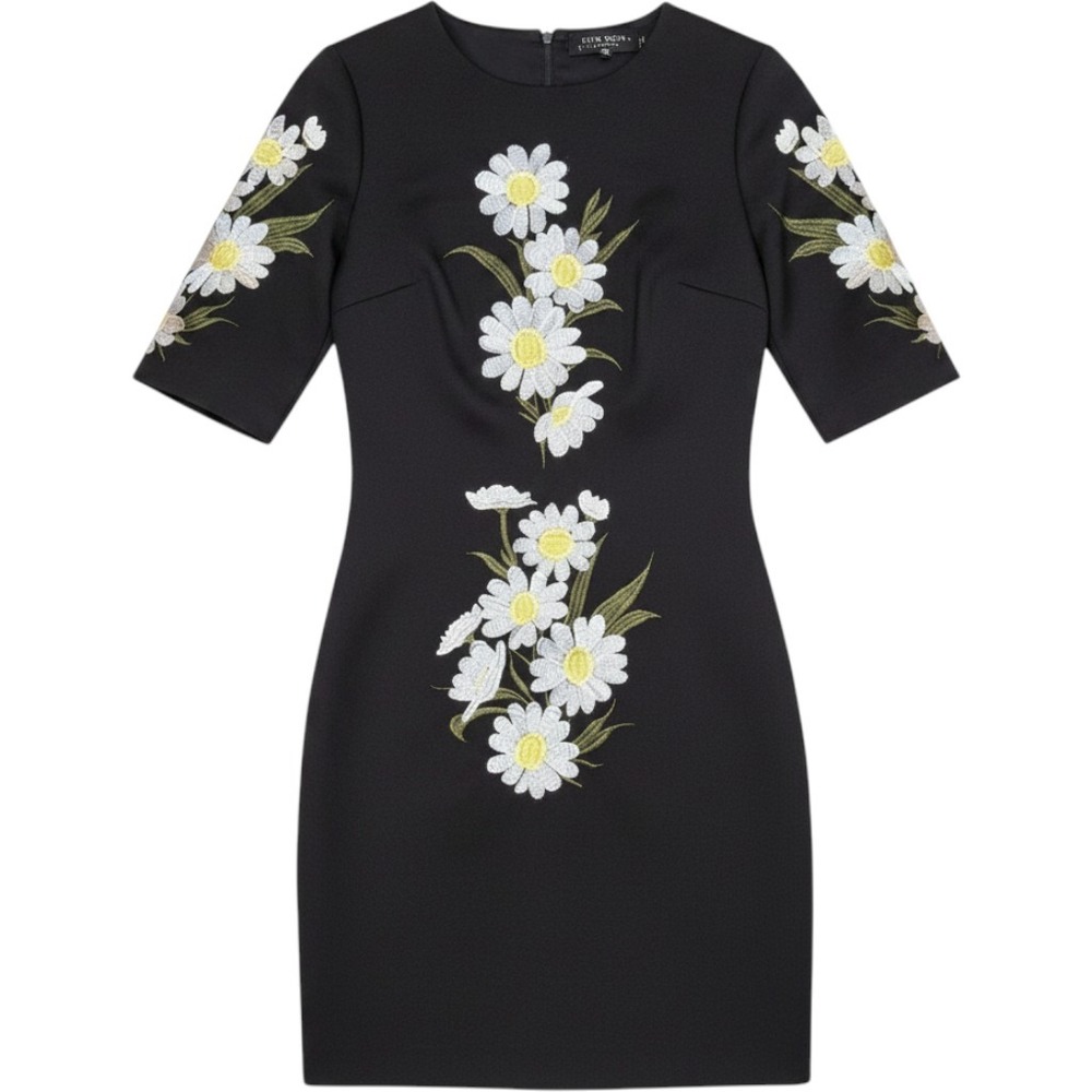 Few Moda Mini Dress M Black Daisy Floral‎ Embroidered Short Sleeve Mod Chic